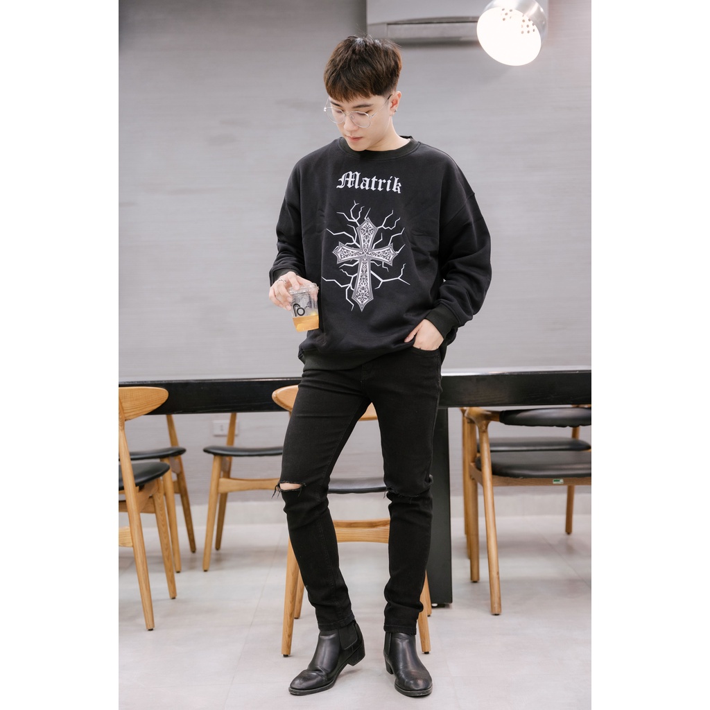 Áo sweater Bigsize Maltrik hình thánh giá, áo nỉ bông cổ tròn form rộng unisex chất liệu dày dặn có size đến 130kg