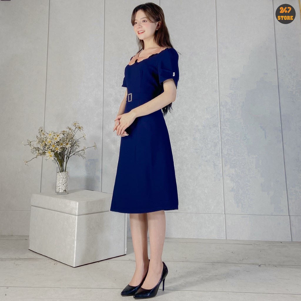 Váy xòe dáng dài cộc tay phối cổ bèo