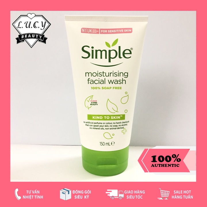 Hàng UK- Sữa Rửa Mặt Simple Sensitive Skin Experts Moisturising Facial Wash 150ml Dành Cho Da Khô Nhạy Cảm Màu Trắng