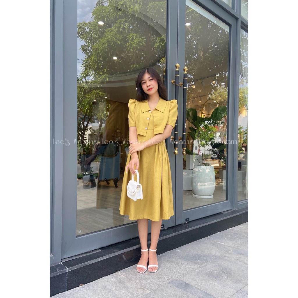 Set váy 2 dây xếp ly dáng xòe mix áo khoác croptop tay ngắn vai bồng LEOSWEARING T78