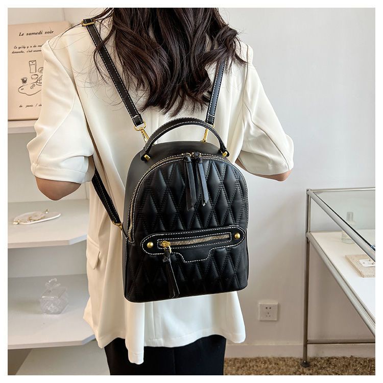 Ba Lô Da Chuwanglin Sọc Ca Rô Phối Khóa Kéo Đôi Thời Trang Cá Tính Cho Nữ