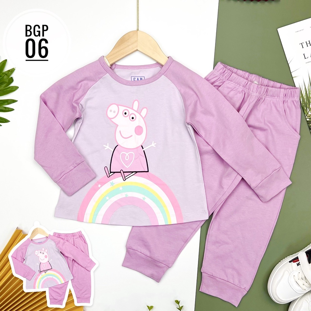 Bộ dài thun bé gái Bigbaby, chất liệu thun cotton mềm mát họa tiết đáng yêu tay raplan cho bé 1-10t