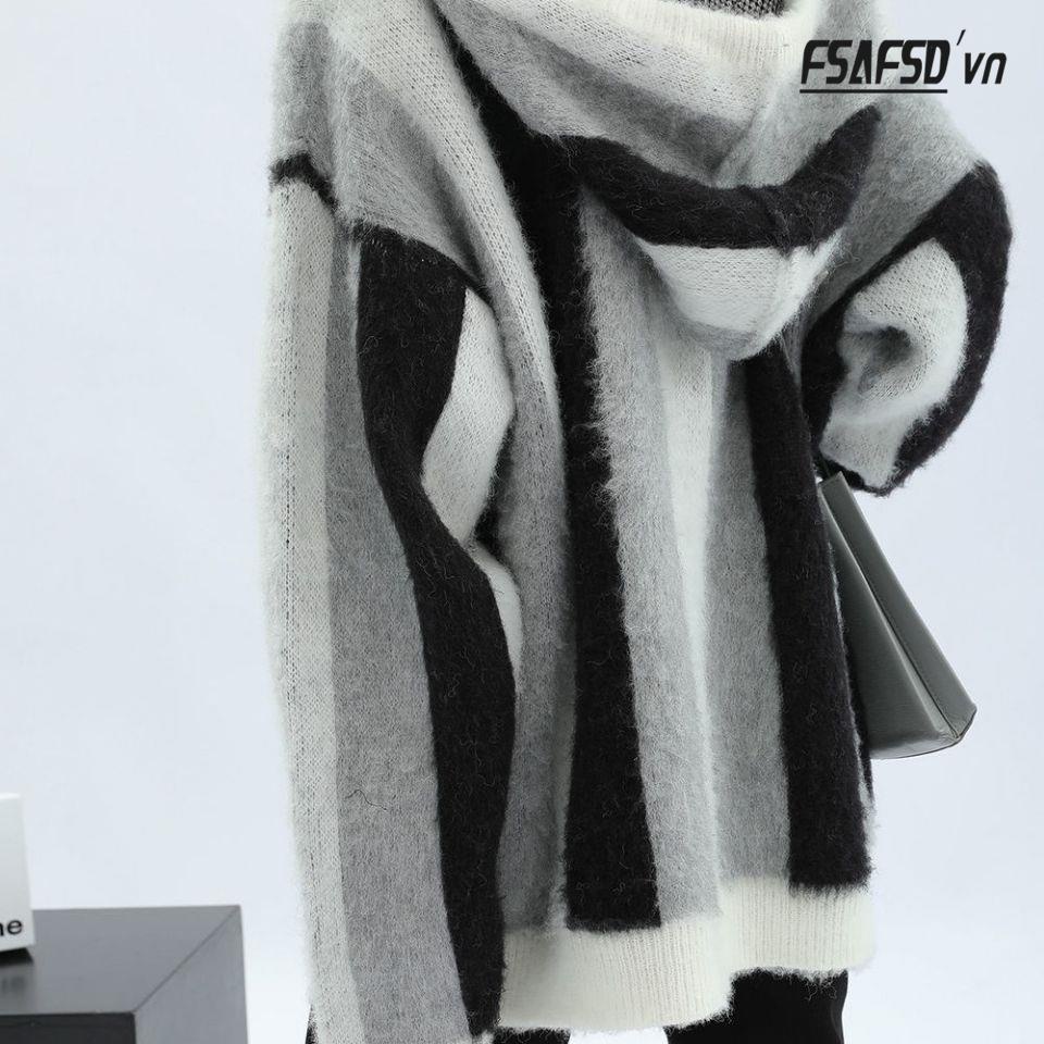 Áo Khoác Sweater Có Mũ Trùm Dáng Rộng Kẻ Sọc Thời Trang Thu Đông 2022 Mới Cho Nữ