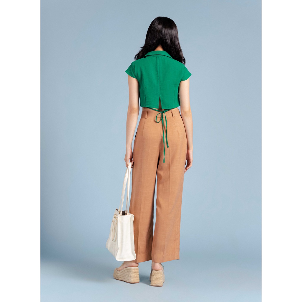 Áo sơ mi croptop tay ngắn dây thắt vòng eo thời trang GAGO màu xanh lá GA3839
