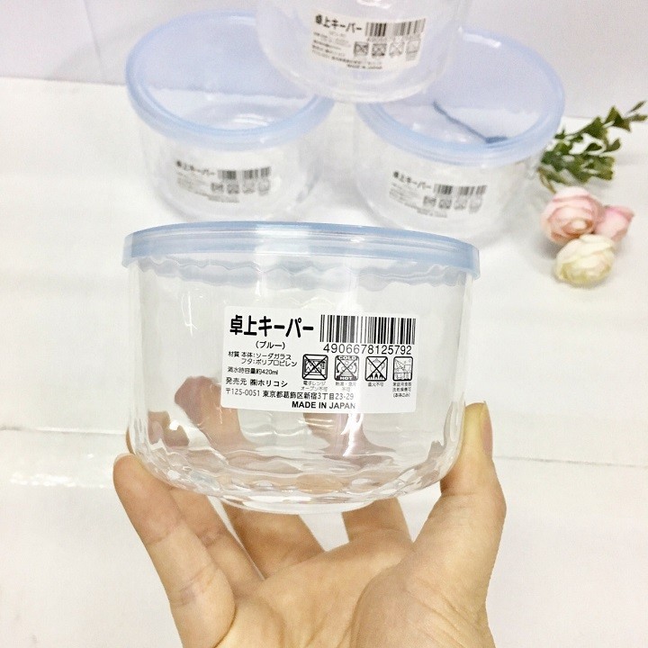 Combo Hộp thủy tinh kim cương có nắp đậy màu xanh 420ml và Set 4 hộp nhựa nhí 100ml