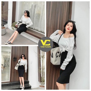 Set áo phông dài tay rộng và chân váy ôm hot trend- VIETCEN