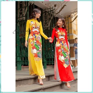 Áo dài truyền thống nữ đỏ vàng cổ cao hở vuông vải lụa hoạ tiết lân tết khai trương có nhiều size