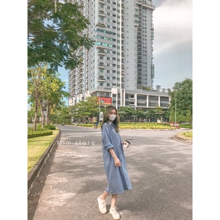 Váy sơ mi kẻ xanh dài tay (kèm đai) đầm sơ mi dáng suông bigsize <65kg