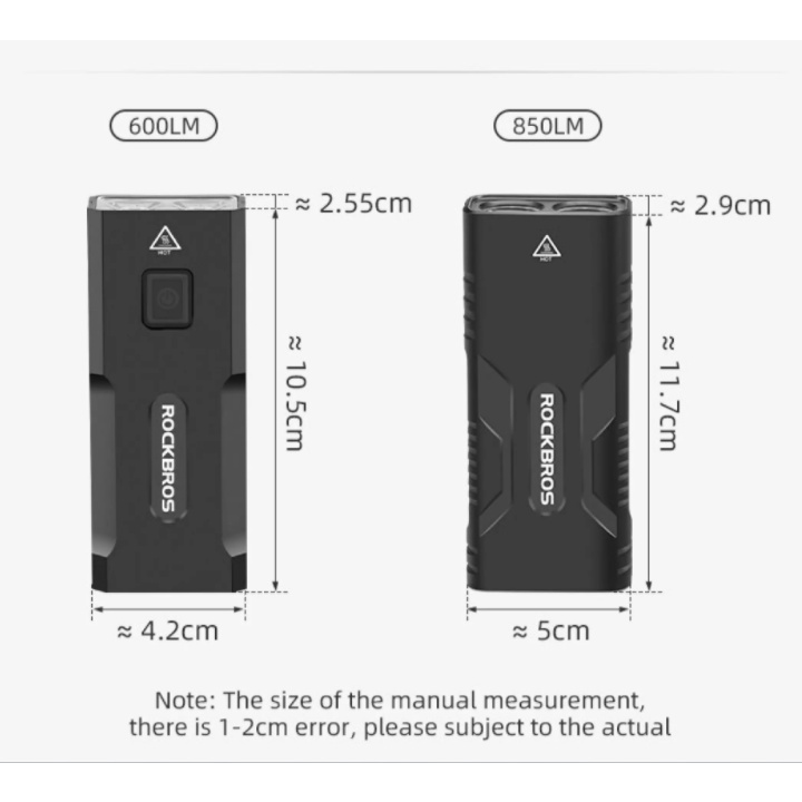 Đèn pha ROCKBROS 850/ 600 lumen Type C/ USB chống nước sạc lại được hợp kim nhôm 10000mAh/ 2400mAh cho xe đạp leo núi