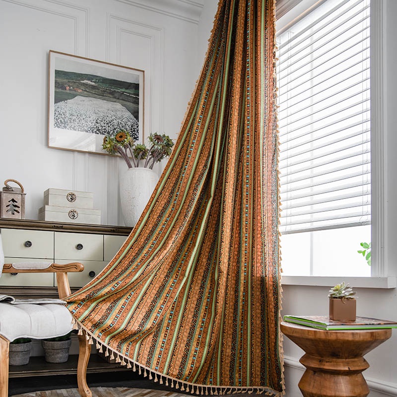 Rèm Cửa Vải Cotton Phối Tua Rua Phong Cách Boho Trang Trí Cửa Sổ