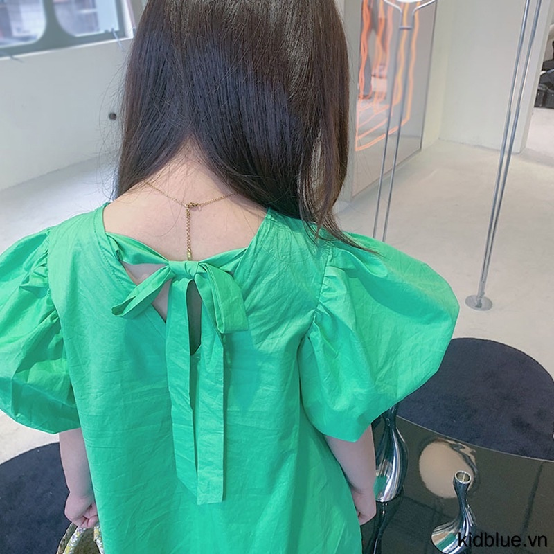 Đầm Chữ A Tay Phồng Ngắn Lưng Thắt Nơ Dành Cho Bé Gái 3-8 Tuổi