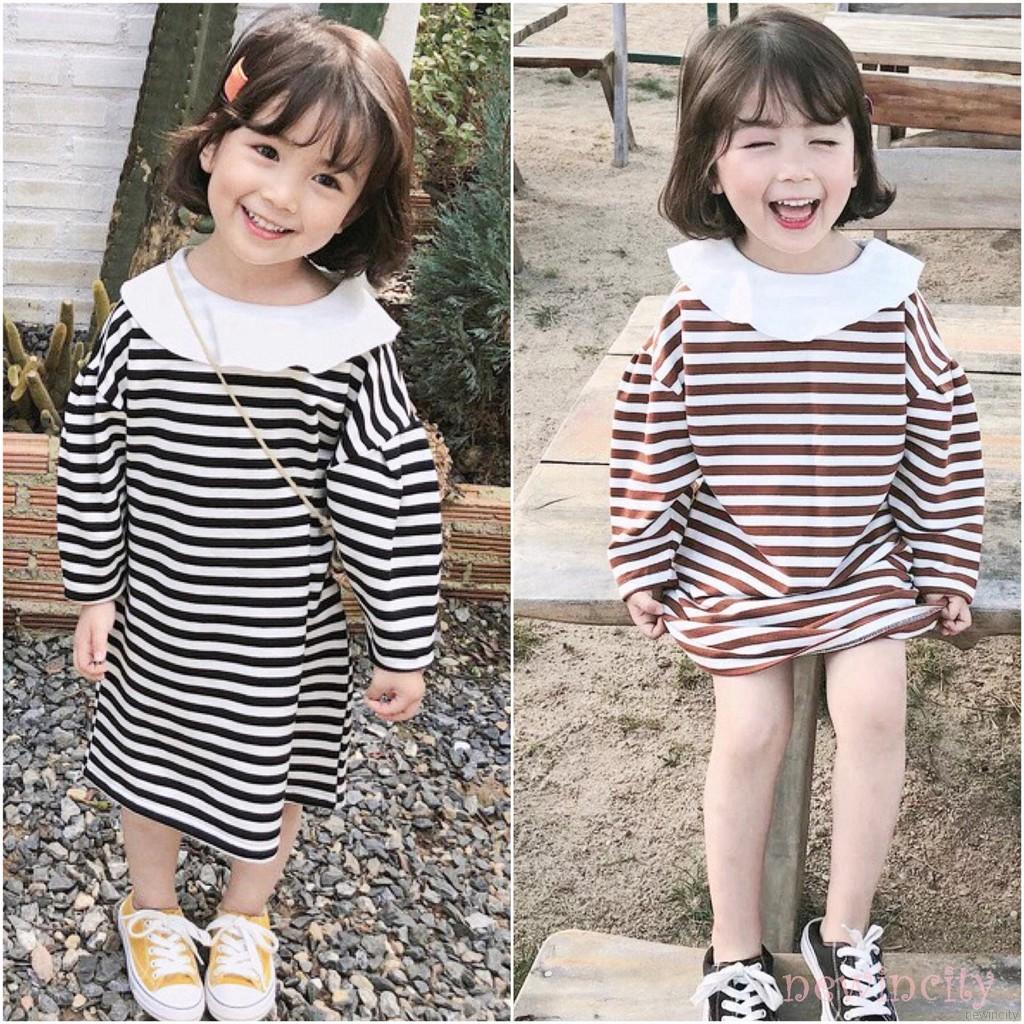 Đầm công chúa tay dài cổ búp bê kẻ sọc dễ thương phong cách Hàn Quốc thời trang xuân thu dành cho bé gái