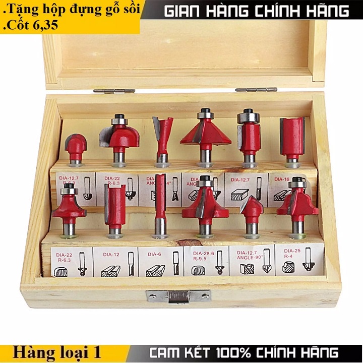 Bộ mũi phay gỗ,mũi soi gỗ 6.35mm 12 món-lưỡi phay gỗ