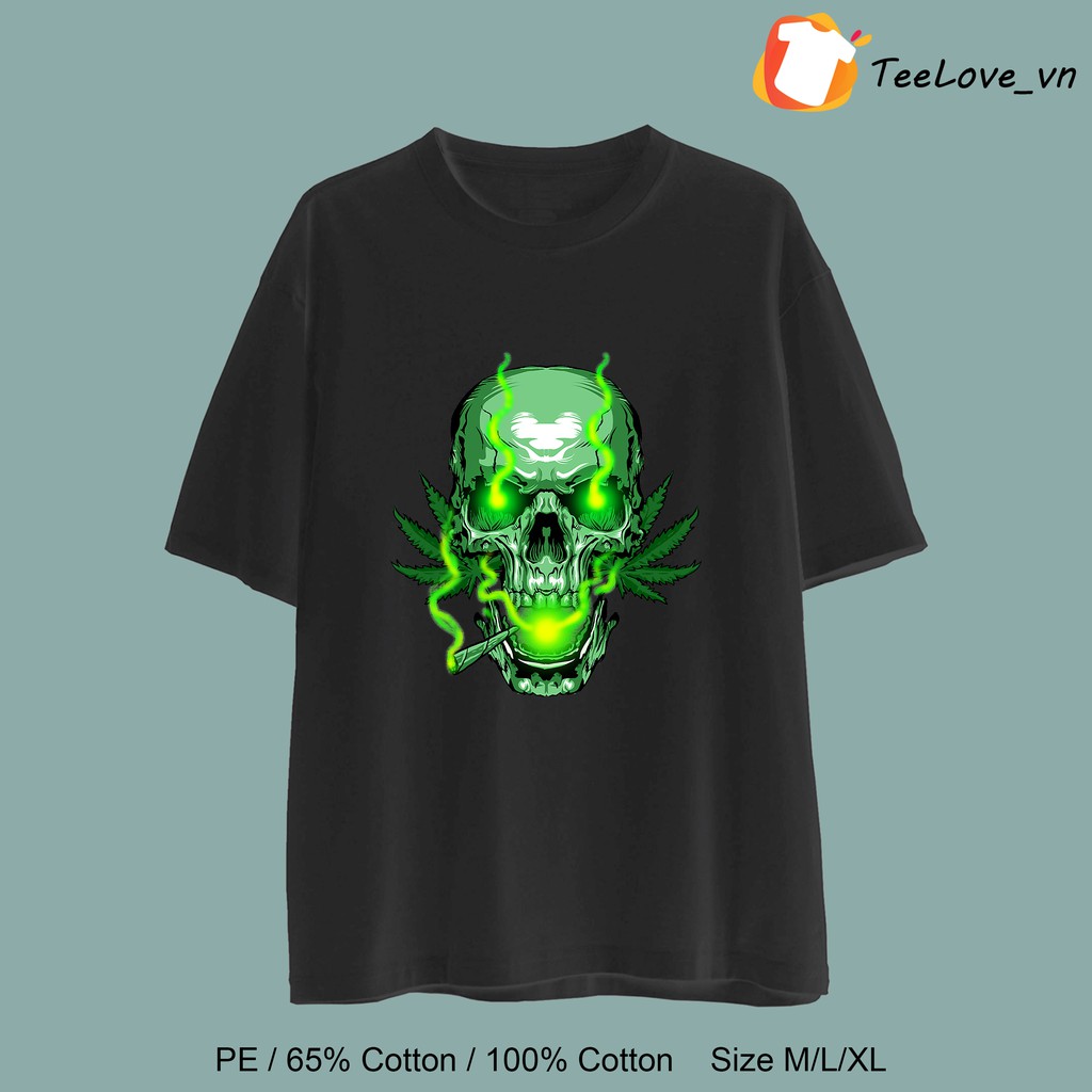 Áo thun 100% Cotton tay lỡ hình Đầu lâu xanh siêu ngầu kiểu dáng UNISEX form rộng cho nam nữ màu đen, trắng size M/L/XL