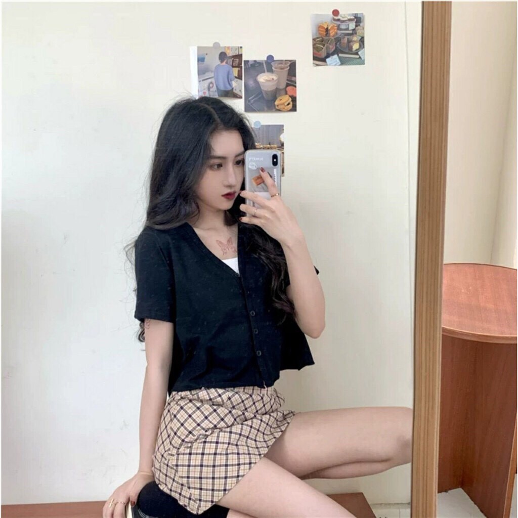 Áo Croptop YUNI VIỀN NÚT Ulzzang Nữ (Kiểu: TÀ ÁO KHÔNG MAY) 1hitshop