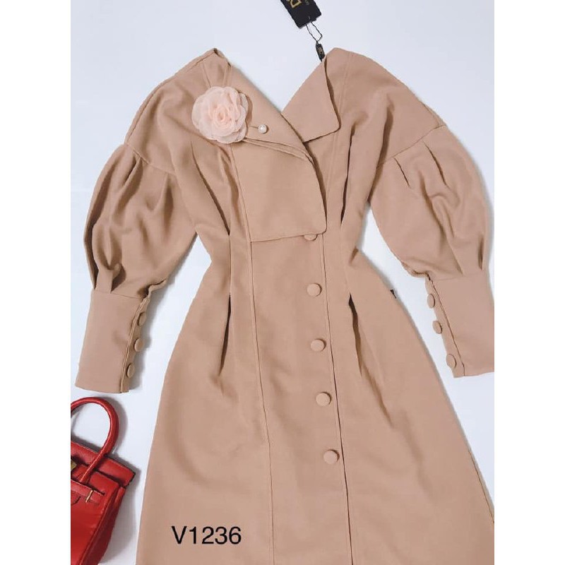 [ xả kho ] MiD Đầm nâu cổ V tay bồng lỡ đính hoa V1236 kèm ảnh thật