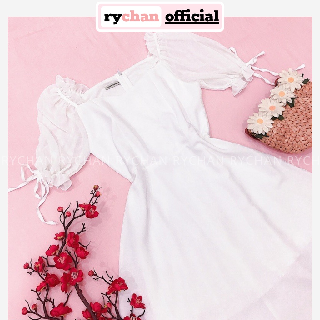 Đầm Dự Tiệc Sang Chảnh Form Ngắn Xòe Tay Phồng Nơ Cỏ Vuông Bo Eo Cực Hot Màu Trắng [ẢNH THẬT CUỐI] - DX9833