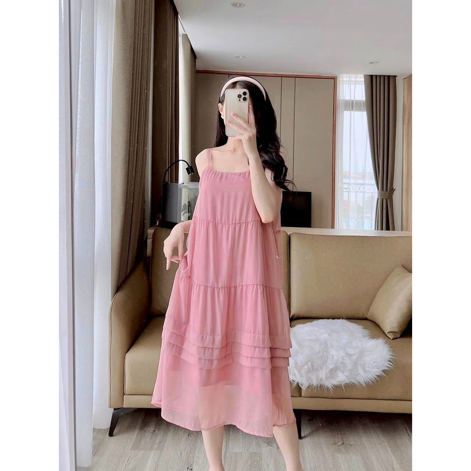 Váy 2 dây voan tơ li ngang phối tầng