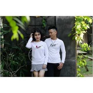 Áo đôi tay dài love 2 màu xanh hồng