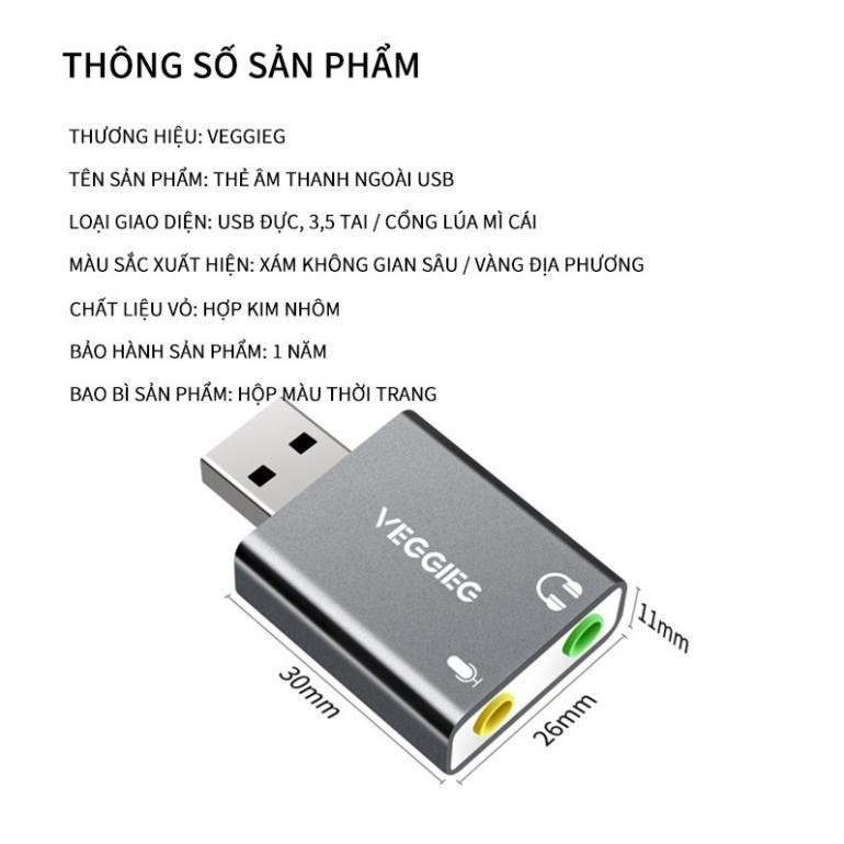 USB Sound card KLH VEGGIEG cho máy tính, laptop âm thanh vòm 7.1 hỗ trợ Mic nghe gọi điện