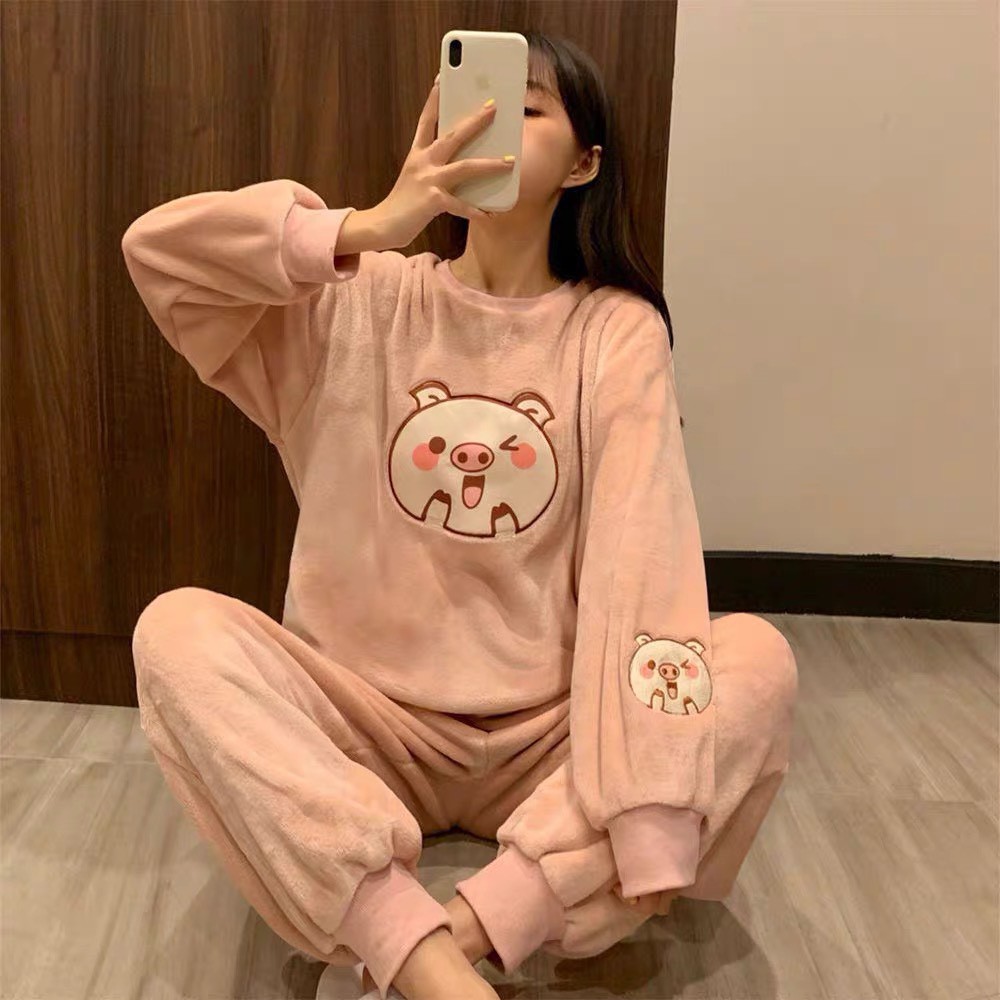 Bộ ngủ bông dài tay cute cho nữ form thụng hình đáng yêu, chất lông mềm mịn 2 mặt, dày dặn siêu ấm