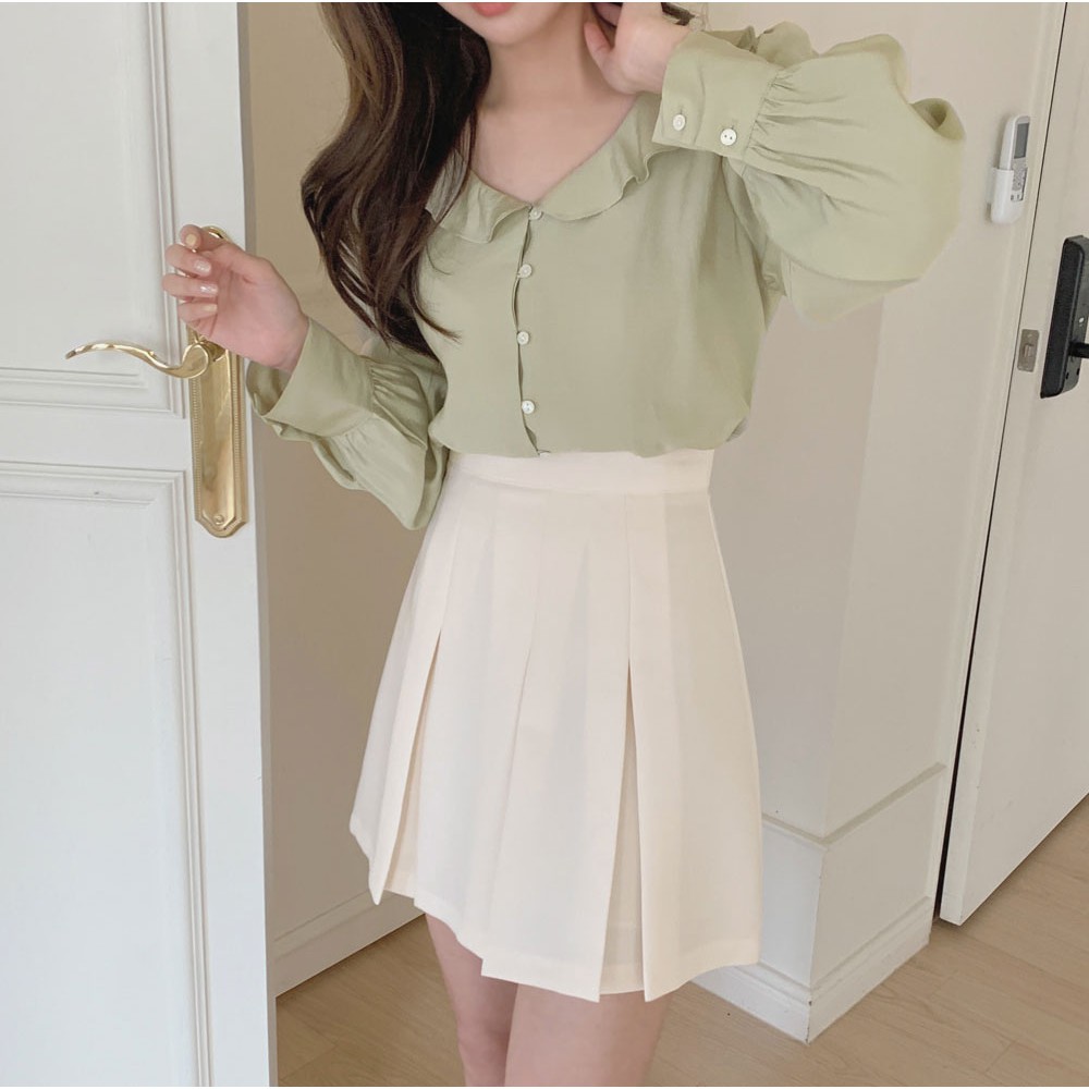 Áo sơ mi tay dài nhún bèo/Chân váy xếp ly chữ a lưng cao phong cách hàn quốc 42485