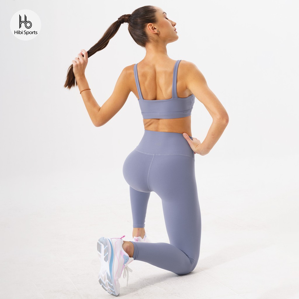 Set đồ tập yoga Luxury Hibi Sports H129 màu kem Ivory và xanh Moon, áo bra thể thao 2 dây bản to kèm mút nâng ngực
