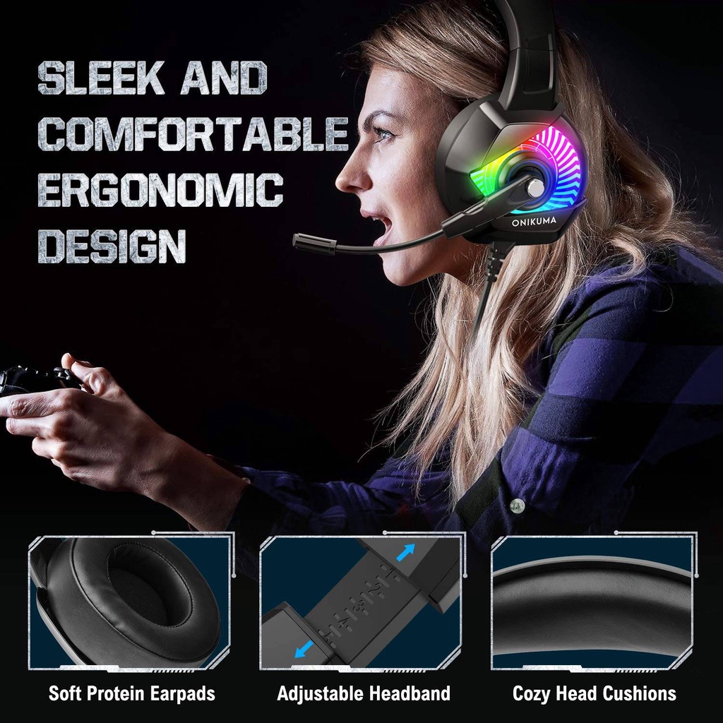 Tai nghe chụp tai chơi game ONIKUMA K6 có dây và micro, giảm tiếng ồn với cúp tai mềm thoải mái, đèn nền RGB