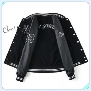 Áo khoác Bomber NY phối da Unisex, thể thao đen cổ viền nỉ Freesize Ulzzang Choose Us