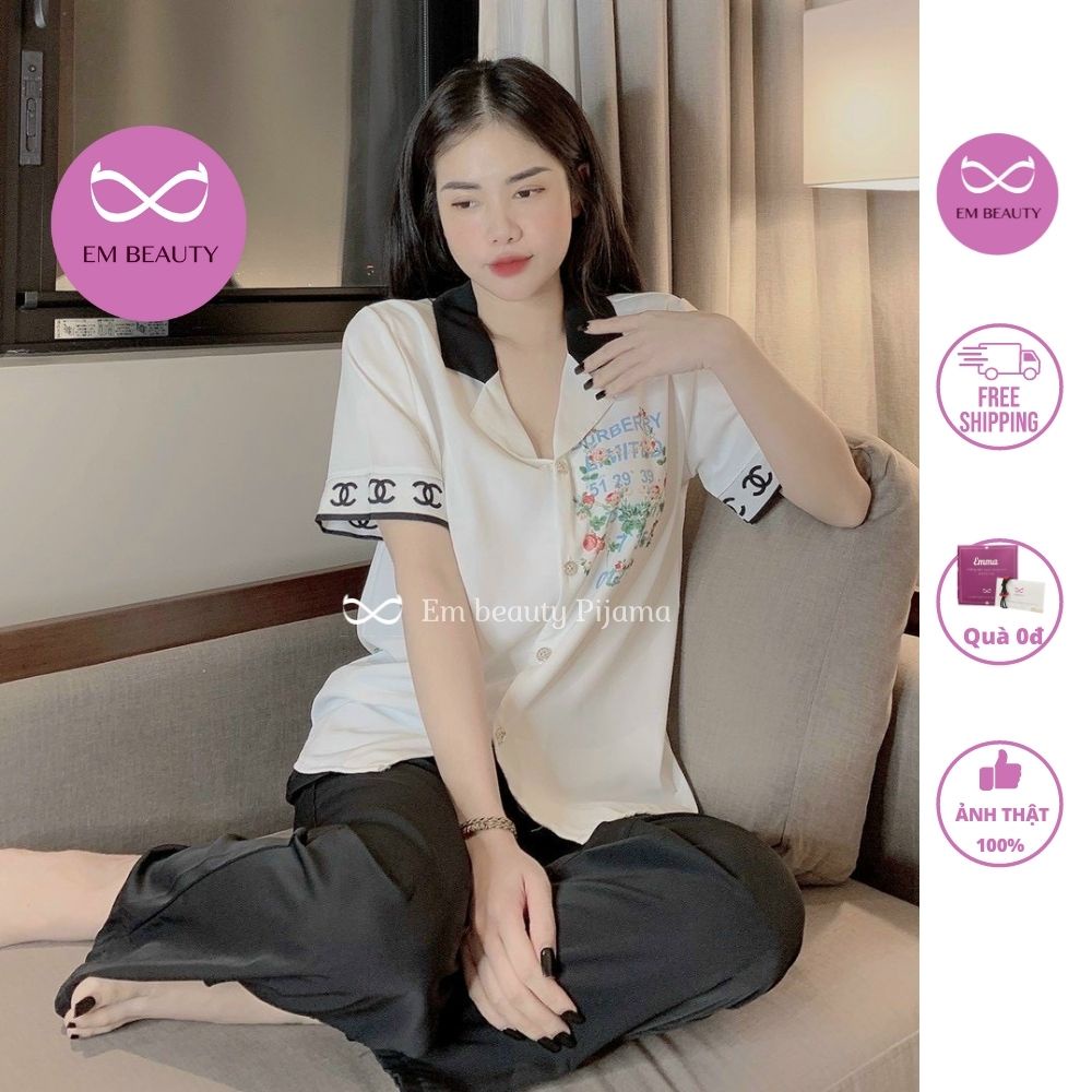 Bộ ngủ lụa EMBEAUTY pyjama, mặc nhà chất lụa mango cao cấp áo cộc quần dài freesize 45-60kg