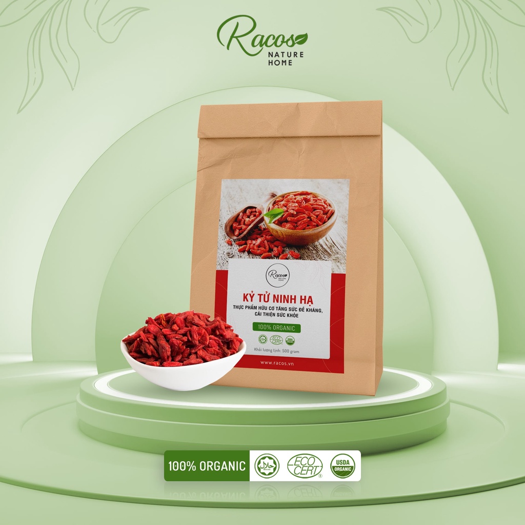 Kỷ tử đỏ Ninh Hạ sấy khô organic Racos 100 - 500gr. Câu kỉ tử Ninh Hạ hữu cơ hạt to đều