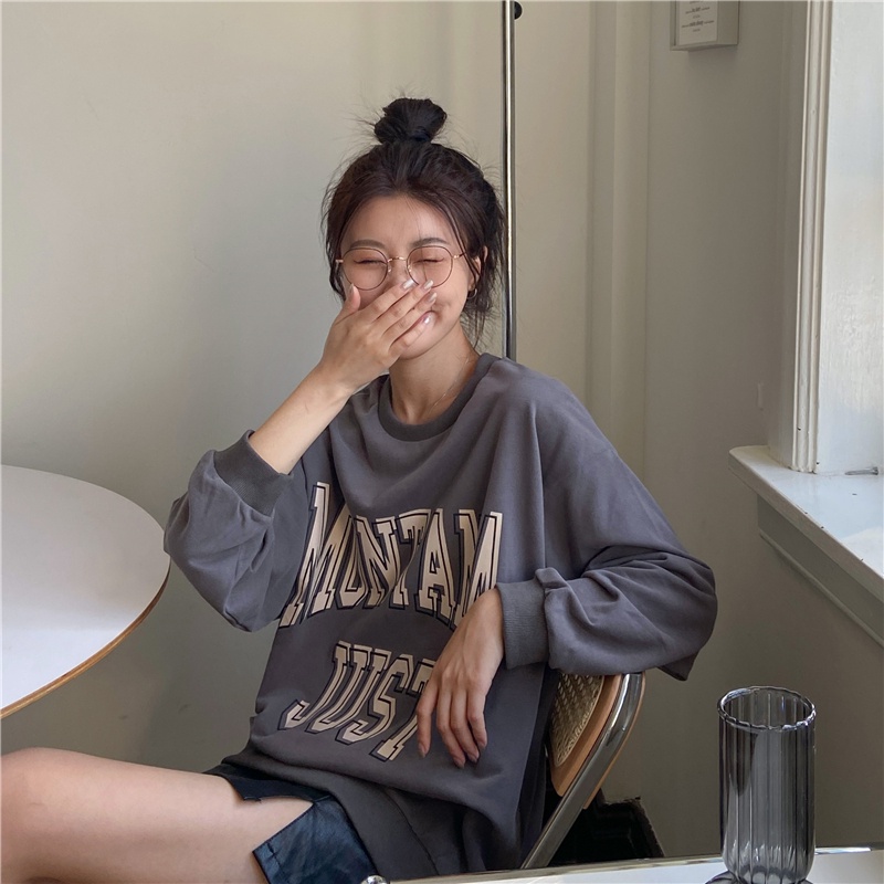 Áo Nỉ Nữ Dài Tay Cổ Tròn In Chữ Thời Trang Hàn Mới