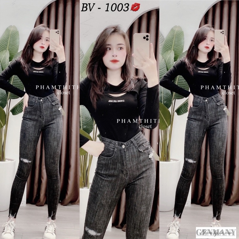 Quần bò nữ ôm rách lưng cao siêu xinh. Size S M L