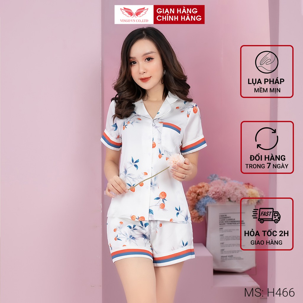 Bộ Pyjama Mặc Nhà VINGO Lụa Pháp Tay Cộc Quần Cộc Vingo Họa Tiết Dâu Hồng Trẻ Trung Hiện Đại H466 VNGO - TCQC