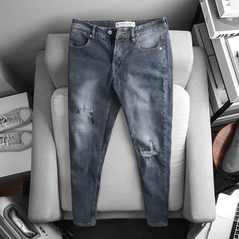 Quần jean nam rách gối slimfit ôm dáng co giãn hàng vnxk cao cấp