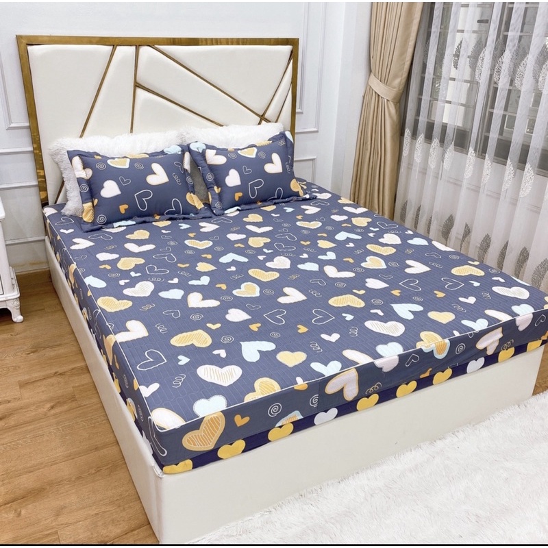 Drap giường trần bông và 2 vỏ gối cotton 100% cao cấp mẫu tim xám