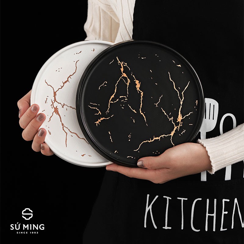 Khay Trang Trí, Khay [DECOR], sứ cao cấp, 2 màu trắng đen vân vàng 18k, giao hàng an toàn