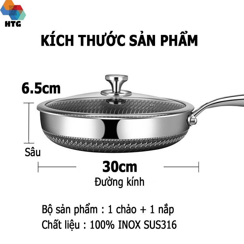 Chảo chống dính Inox SUS 316 loại lớn 30cm, bền bỉ, không kén bếp, dùng được bếp từ, vân tổ ong thấm đều dầu, có nắp đậy