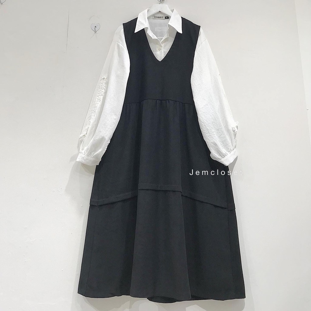 Yếm váy dài JEMCLOSET 2 màu Đen &amp; Nâu Anko Chất Liệu Nhung Mĩ Dáng Váy Chữ A Bồng Bềnh Dễ Thương Mềm Mại - 7145