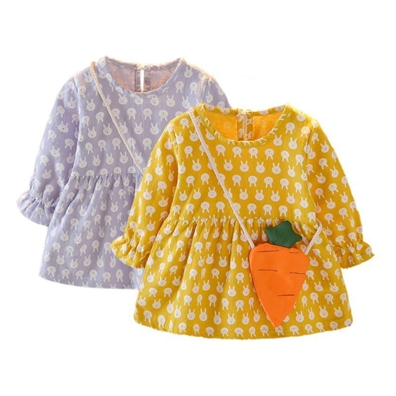 Đầm xòe tay dài họa tiết chú thỏ đáng yêu cho bé gái