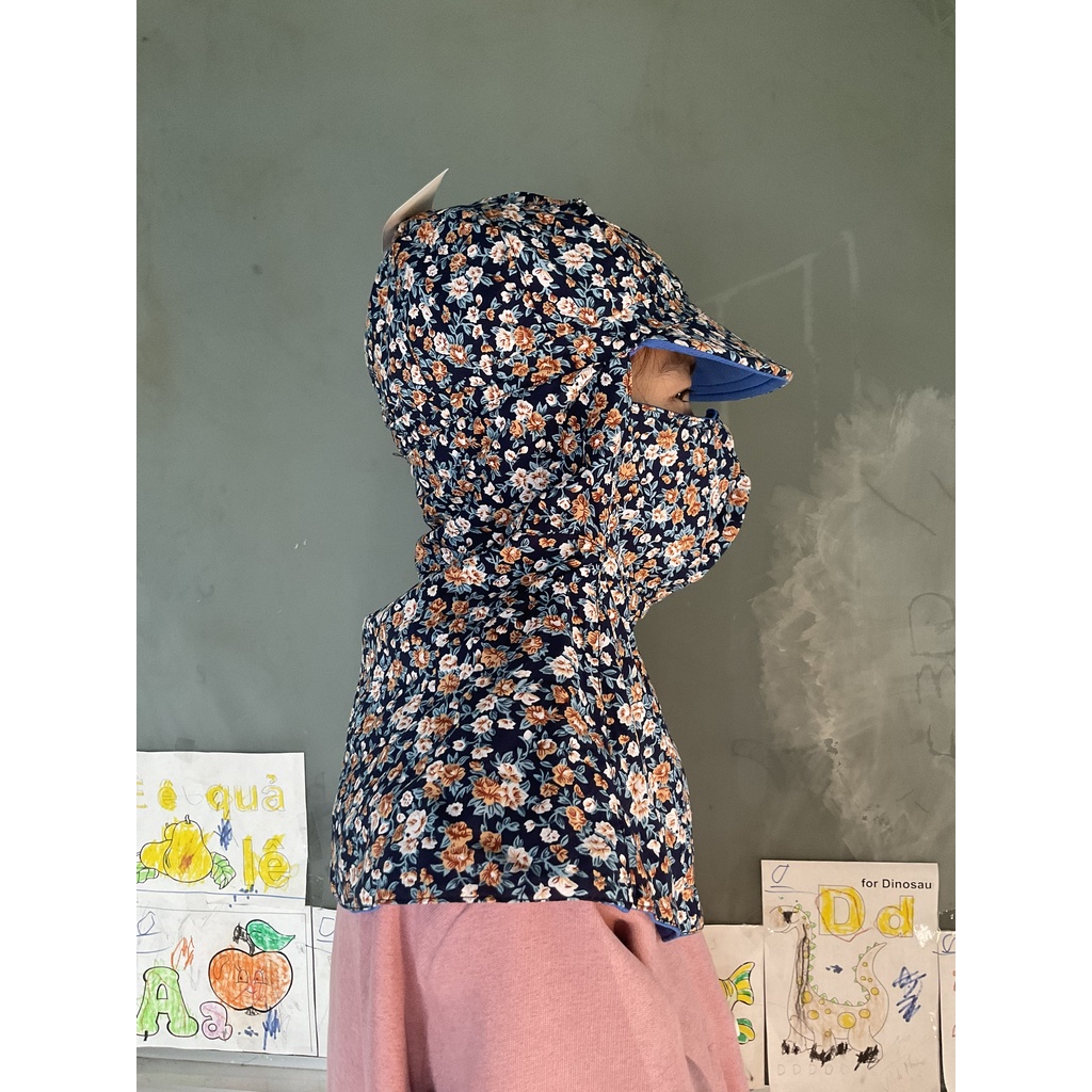 Khẩu trang nón Duy Ngọc hoa nhỏ nhiều màu chất liệu cotton 3 lớp thoáng mát dây khóa 1 bên có thể đội với mũ bảo hiểm