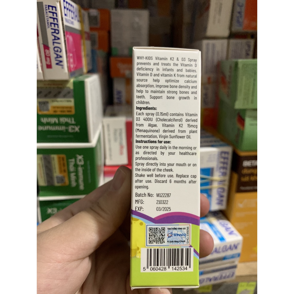 Chai xịt Why kids vitamin d3k2 bổ sung Vitamin D3 K2 cho bé, tăng cường hấp thu Canxi hỗ trợ phát triển chiều cao 15ml