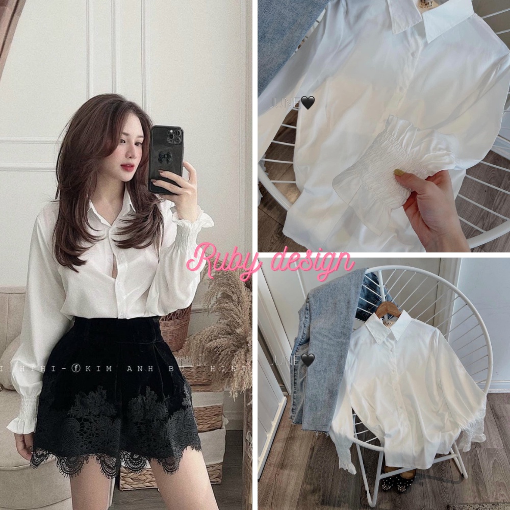 Áo sơ mi kiểu nữ áo sơ mi nữ tay chun màu trắng tay dài vải thô lụa mềm phong cách Hàn quốc Ruby Design