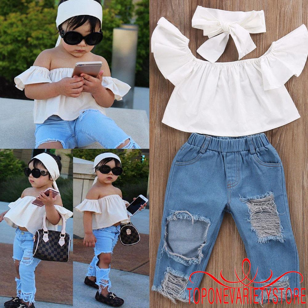 Set Áo Trễ Vai + Quần Jeans Rách Cho Bé Gái