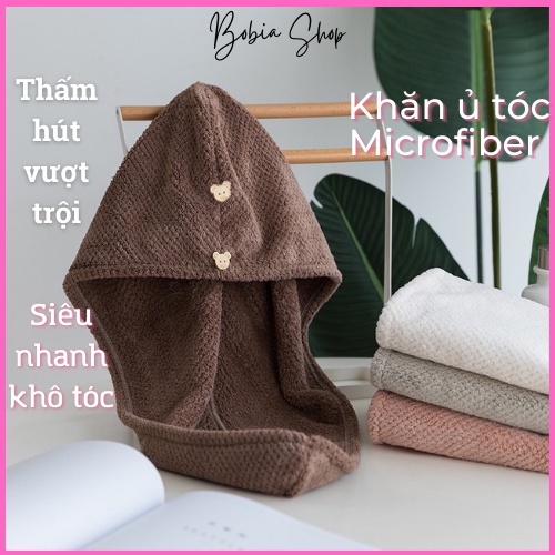 Khăn quấn tóc nhanh khô, Khăn ủ tóc siêu thấm hút Microfiber cao cấp, mềm mịn, bông xốp 2 cúc gấu dễ thương