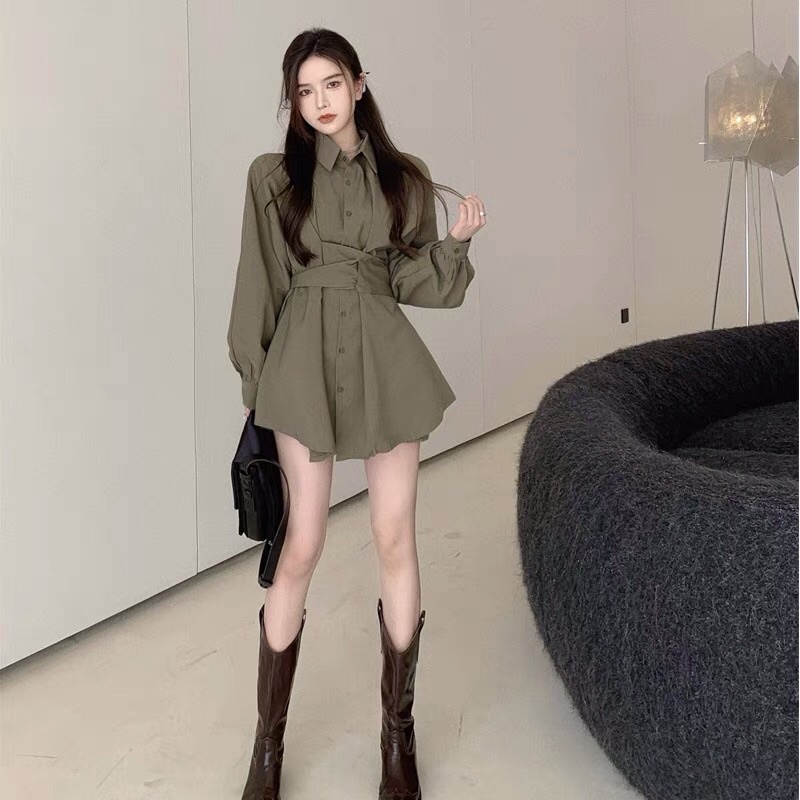 Đầm váy sơ mi vạt chéo che bụng hách dáng
