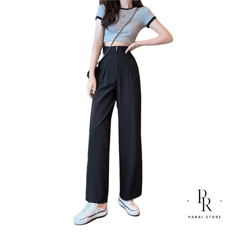 Quần ống rộng nữ lưng cao,Quần ống suông nữ lưng cao khóa trước băng đồng,chất vitex