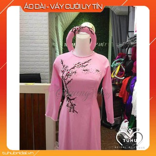 Áo dài truyền thống đính ren viền hạt 2 tà