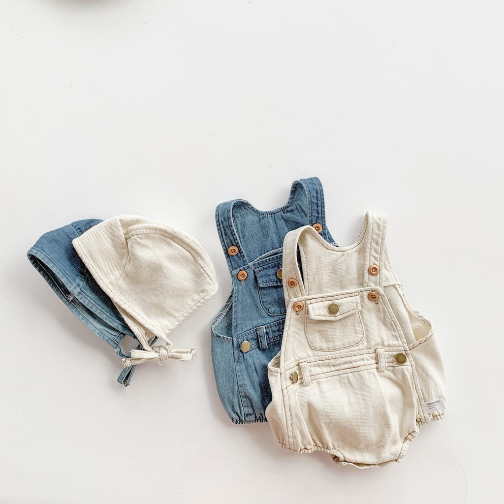Set áo liền quần denim kèm mũ thời trang dễ thương cho trẻ sơ sinh