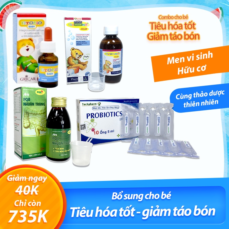 Giảm táo bón, tiêu hóa tốt cho bé từ Isilax, Fitobio Baby, nhuận tràng PQA siro và men Probiotics ống giúp trẻ ăn ngon